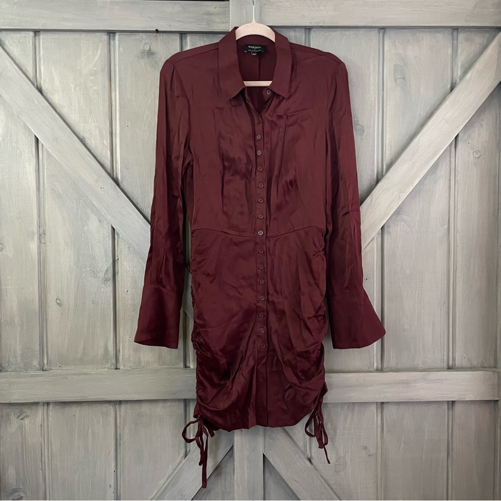 Bardot Sui Side Ruched Long Sleeve Minidress Merlot Red Satin Size US 6 - Picture 9 of 14